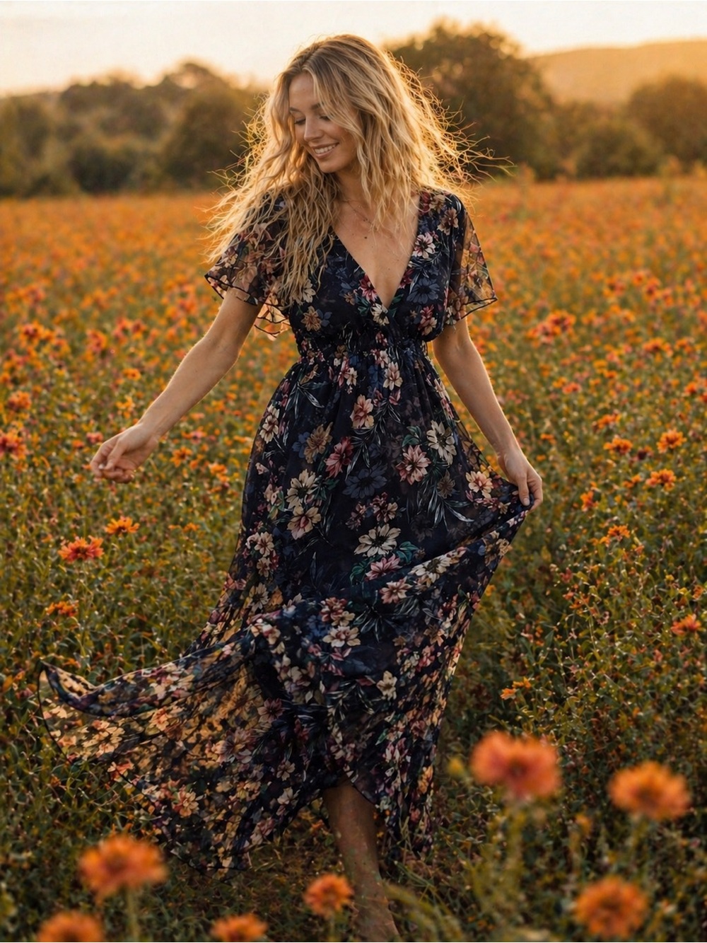Elena Baldi Silk Blend Dress Made in Italy Floral V-Neck Romantic Boho Size S